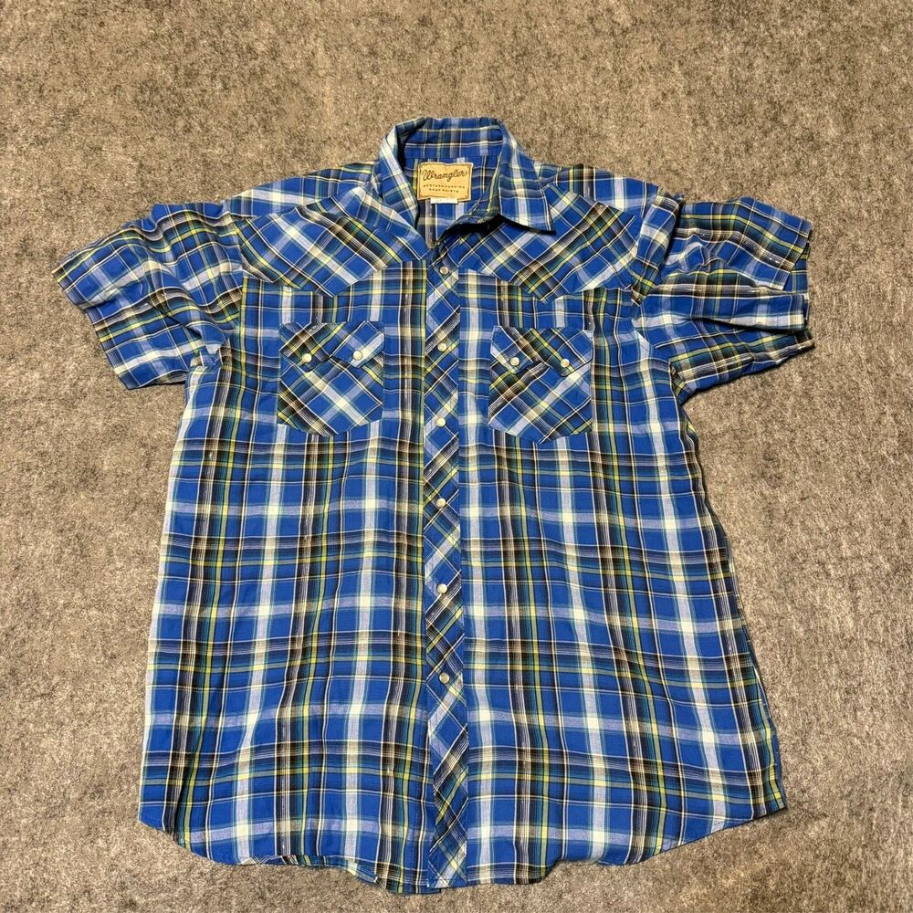 Wrangler Wrancher Fashion Mens Shirt Plaid Pearl Snap Blue Green Cowboy Rodeo